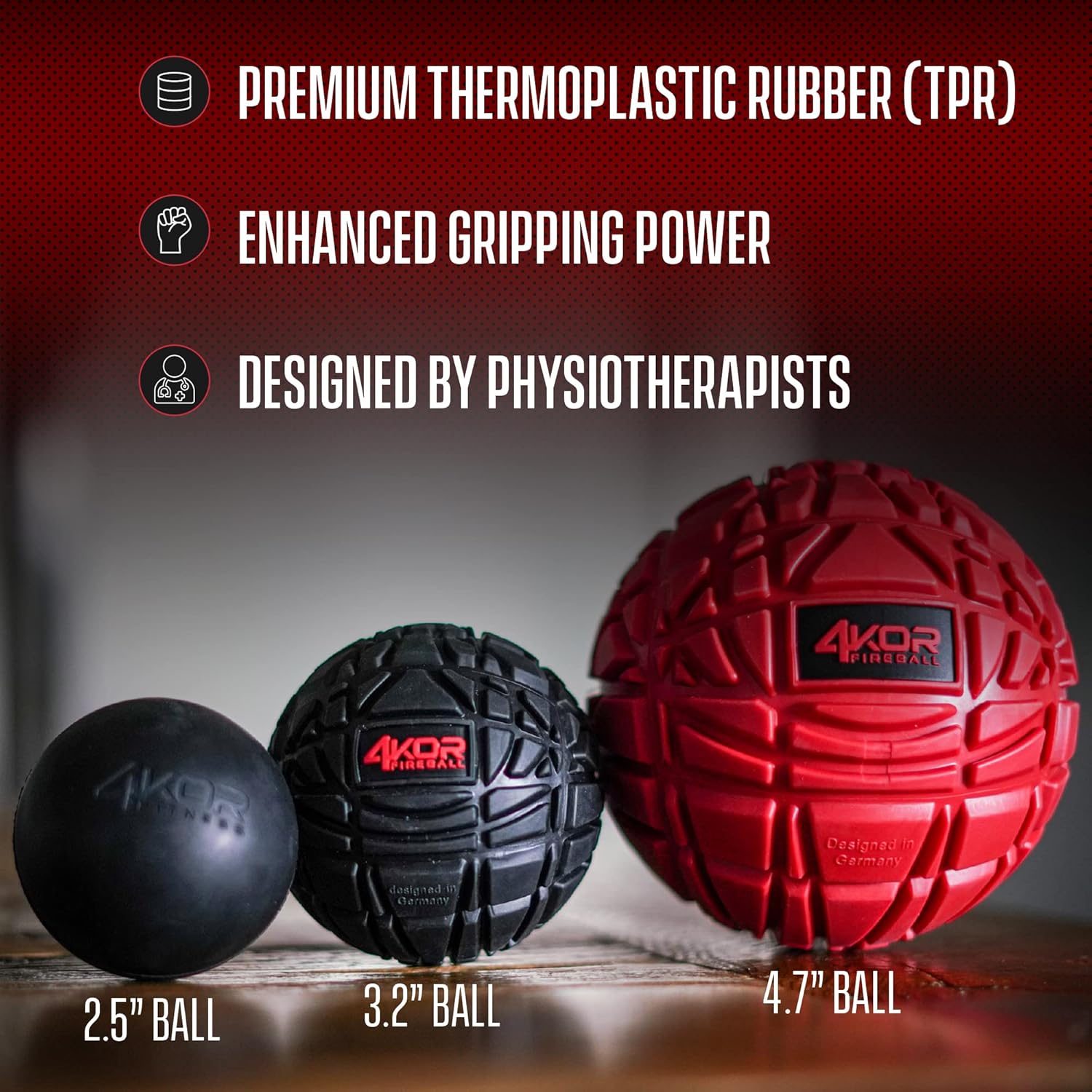 4KOR whole-body massage ball set in large, medium, and small