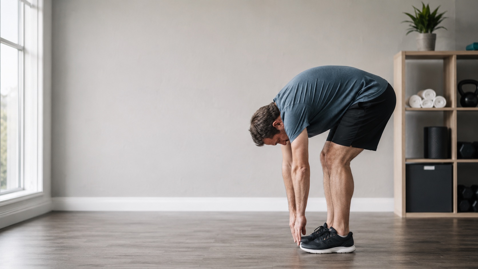 Active adult bending forward to touch his toes in a home gym — why stretching isn't fixing tight hamstrings
